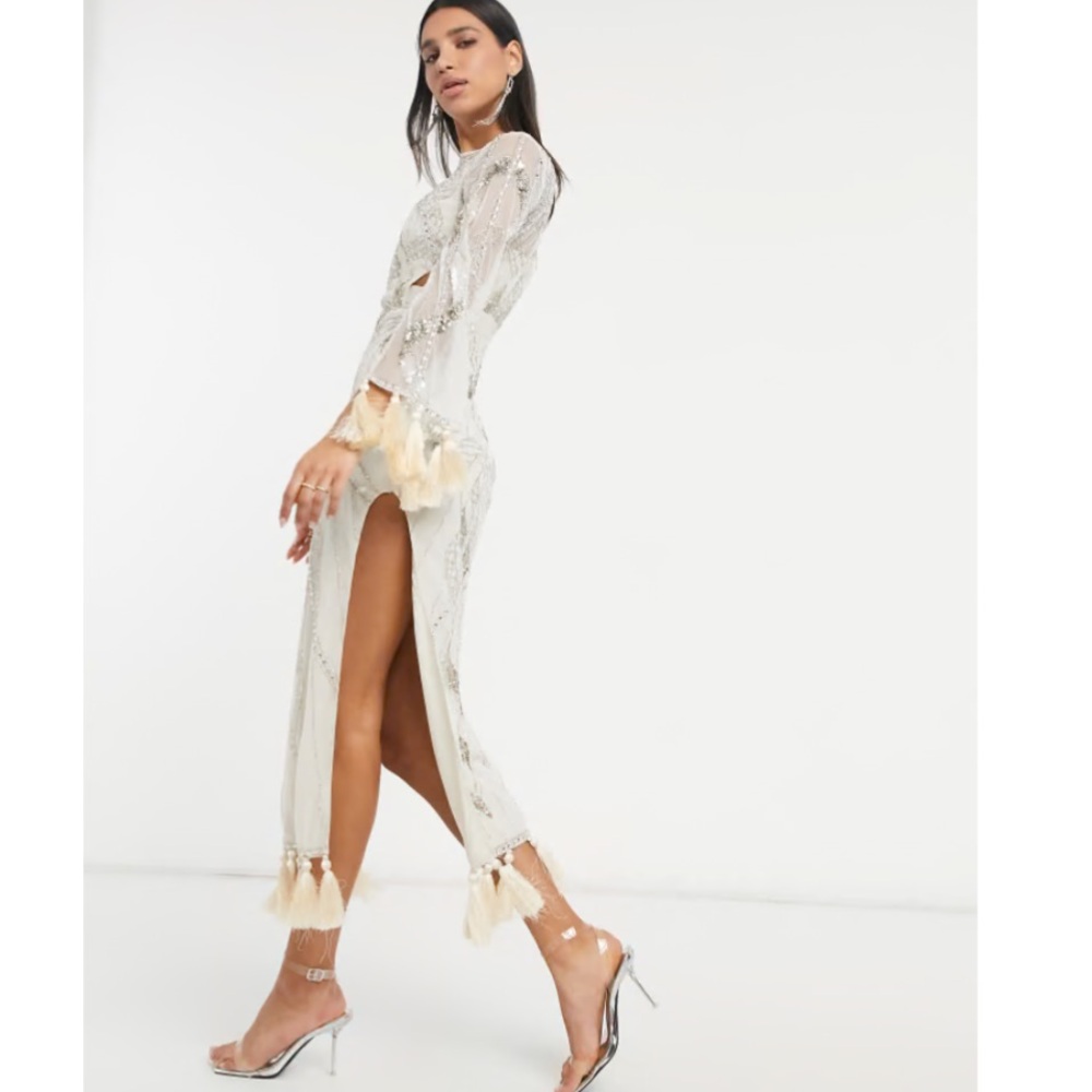 ASOS Cream Midi Dress with Tassel Details